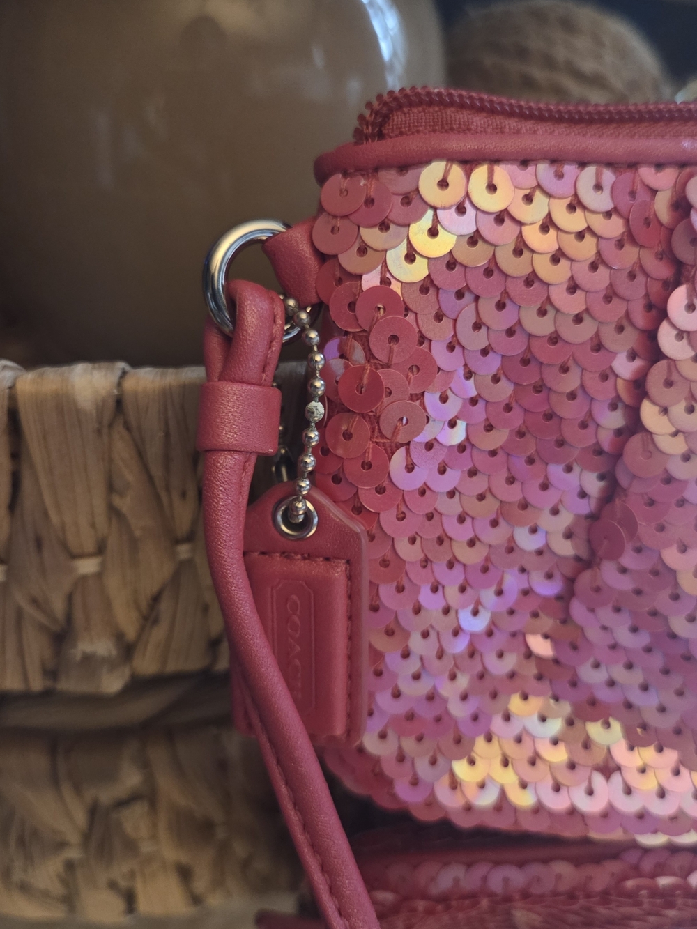 Coach Pink Sequin Wristlet w/ Matching Beaded Mini Bag Charm Bundle - Picture 4 of 17